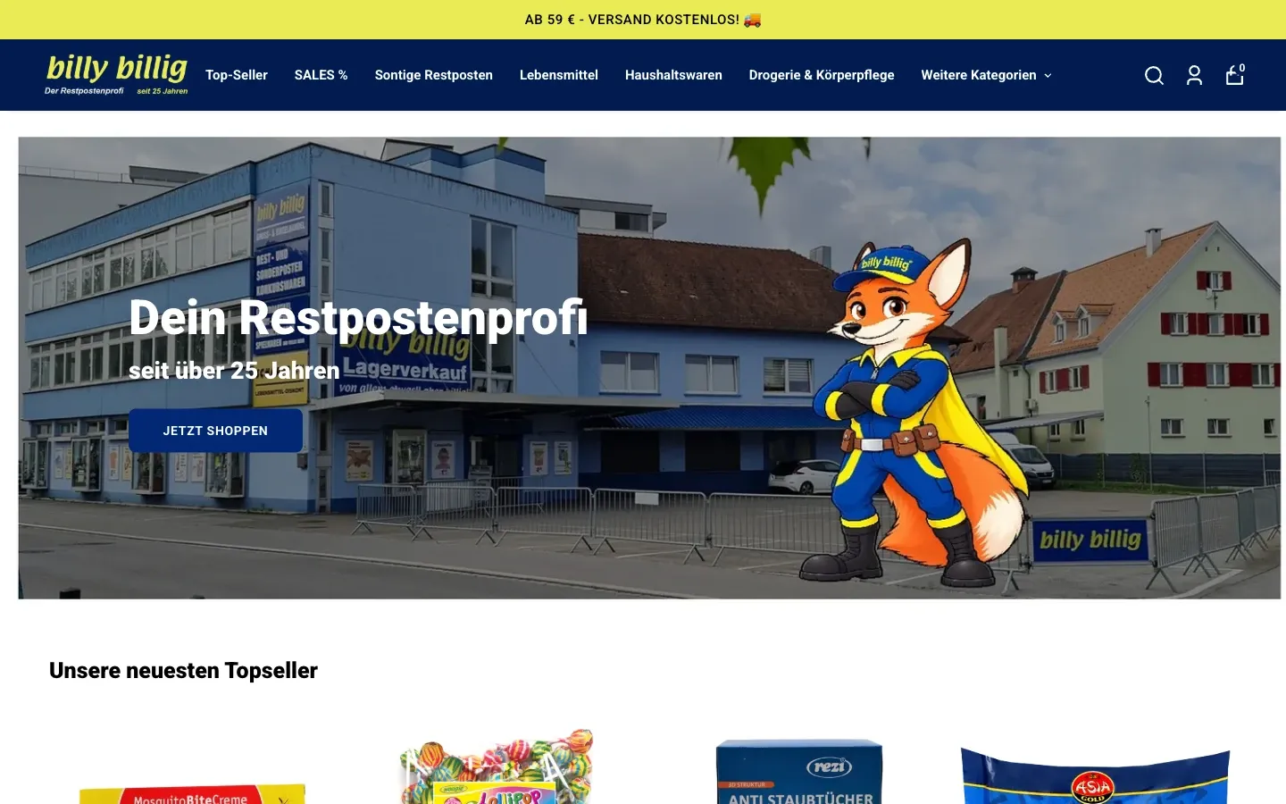 Screenshot der Webseite von billy billig (Handel, Lustenau), umgesetzt von Primodia