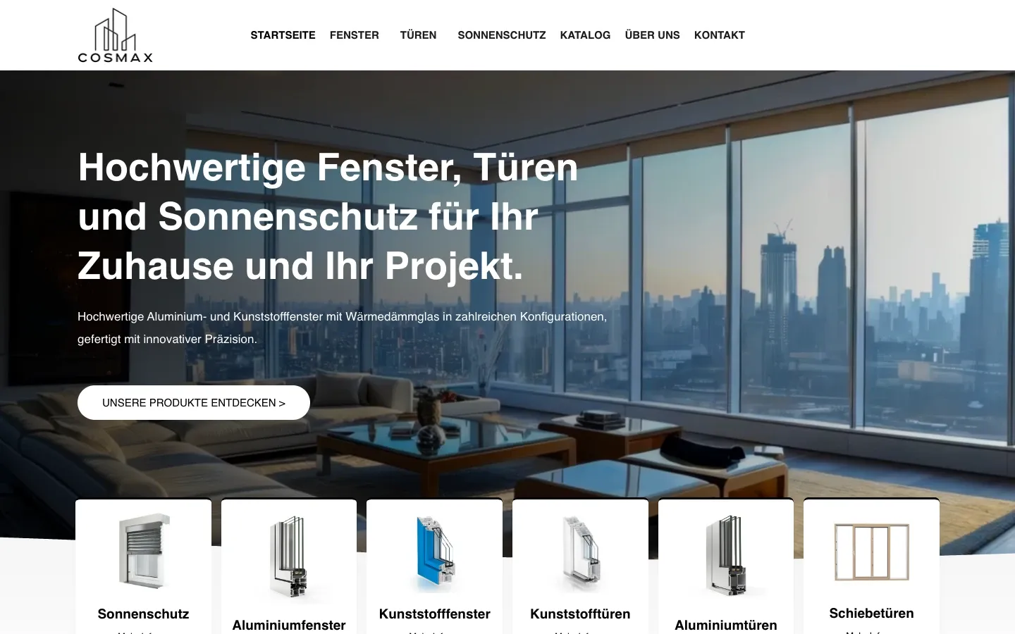 Screenshot der Webseite von Cosmax (Fenster, Türen & Sonnenschutz, Lauterach), umgesetzt von Primodia